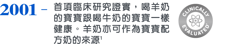 2001，首項臨床研究證實，喝羊奶的寶寶跟喝牛奶的寶寶一樣健康。羊奶亦可作為寶寶配方奶的來源